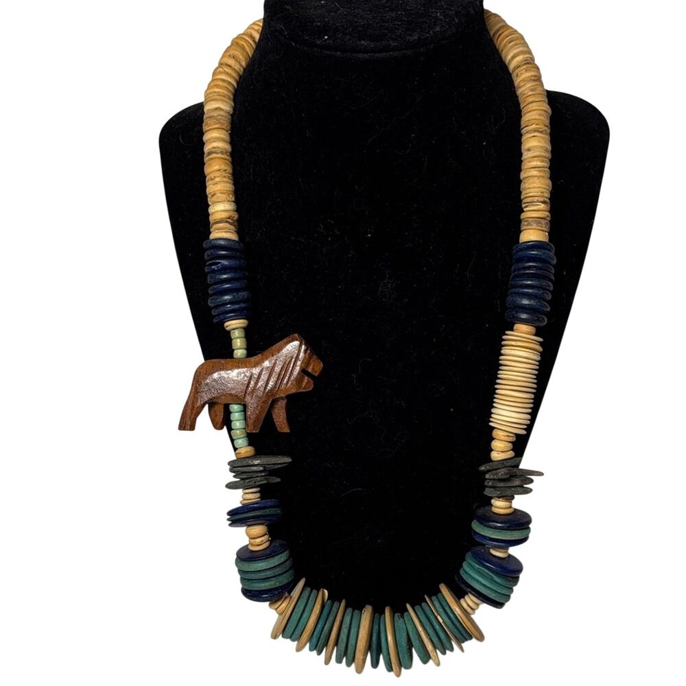 Handcrafted Beaded Necklace Lion Pendant Wood Bone Tribal Style 24”